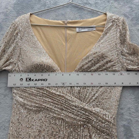 MAC DUGGAL IEENA Sequined Faux Wrap Long Sleeve Gown Size 8 NWT Nude Silver 0064 - Picture 6 of 16